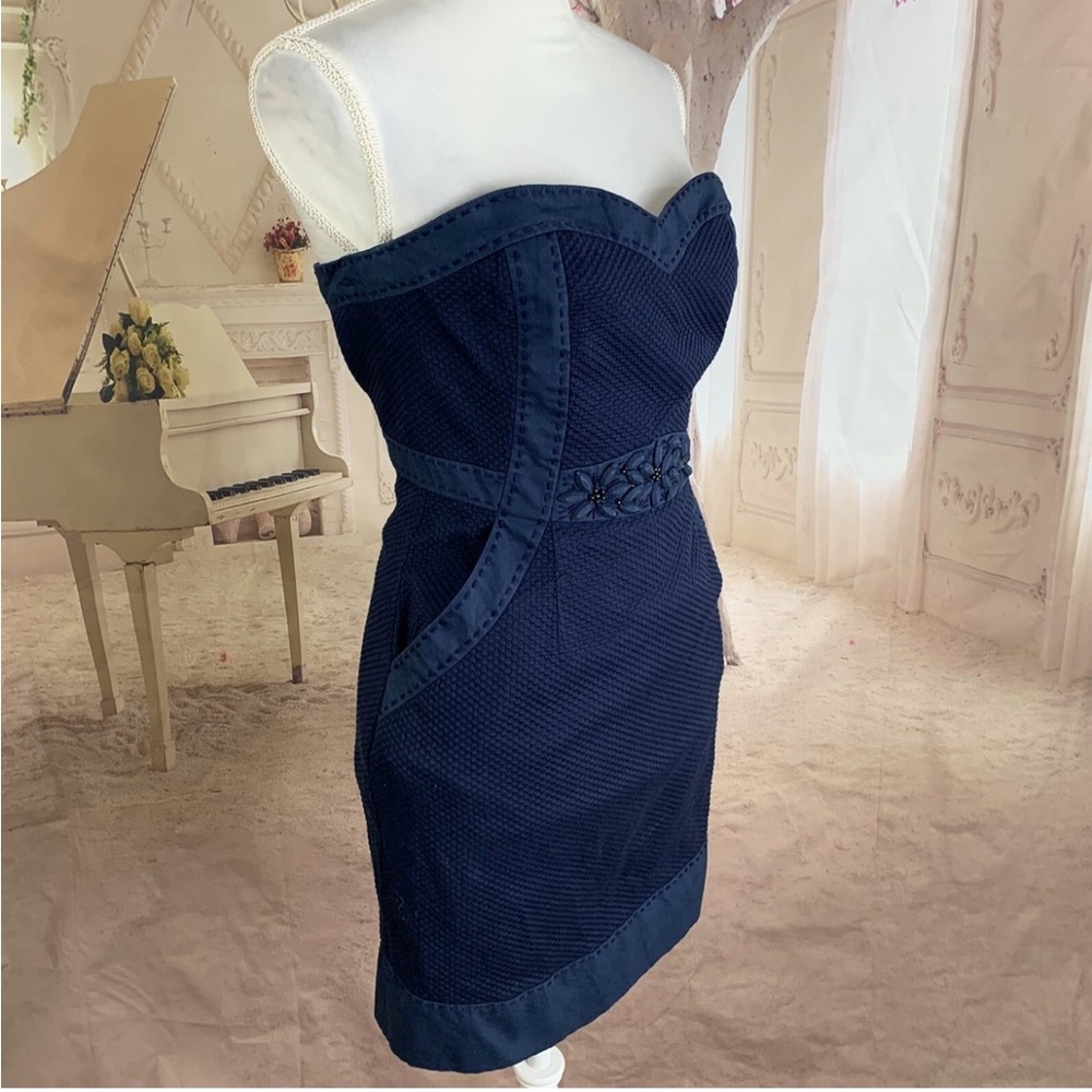 Rebecca Taylor Navy Strapless Dress with Beaded Detail